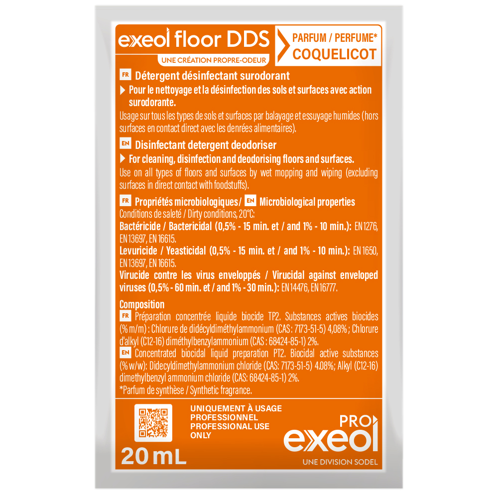 Détergent désinfectant surodorant sols Coquelicot — DDS Exeol Floor dosette 20 ml