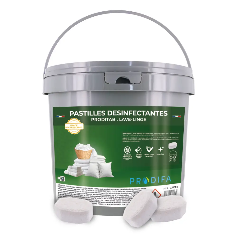 Lessive pastille lave linge désinfectante seau de 125 pastilles