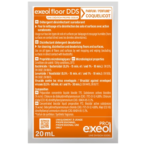 [DE0038] Détergent désinfectant surodorant sols Coquelicot — DDS Exeol Floor dosette 20 ml