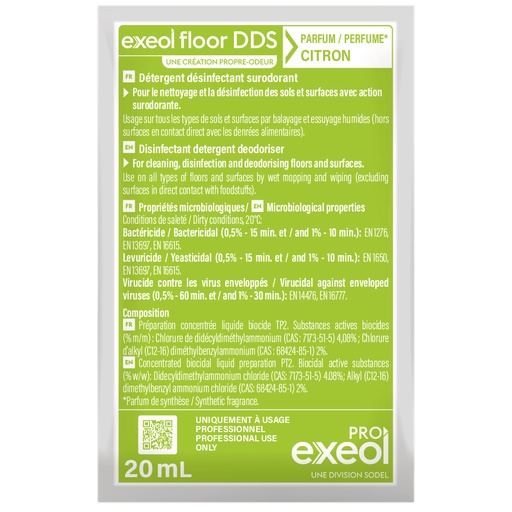 [DE0214] Détergent désinfectant surodorant sols Citron — DDS Exeol Floor carton 250×20 ml